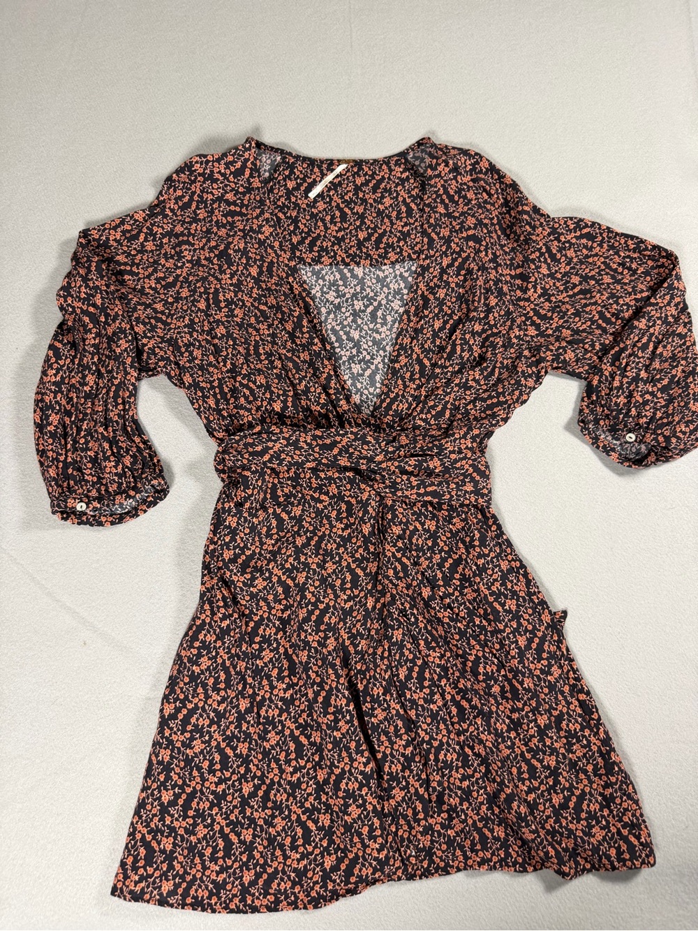 Free people Clara Tunic Mini Dress L Black Floral AdjustableTie